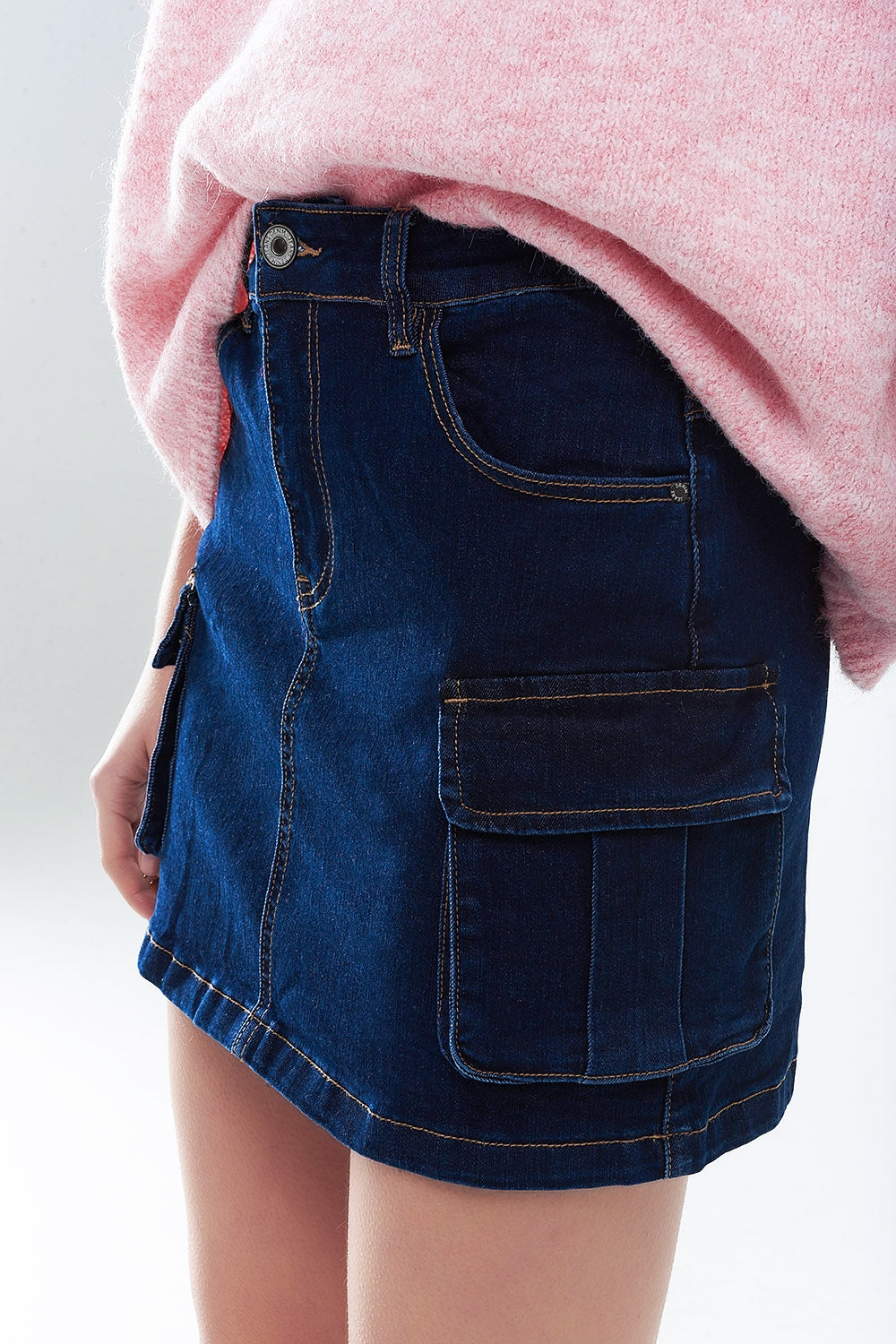 Cargo Denim Skirt in Dark Wash with Contrasting Stitching
