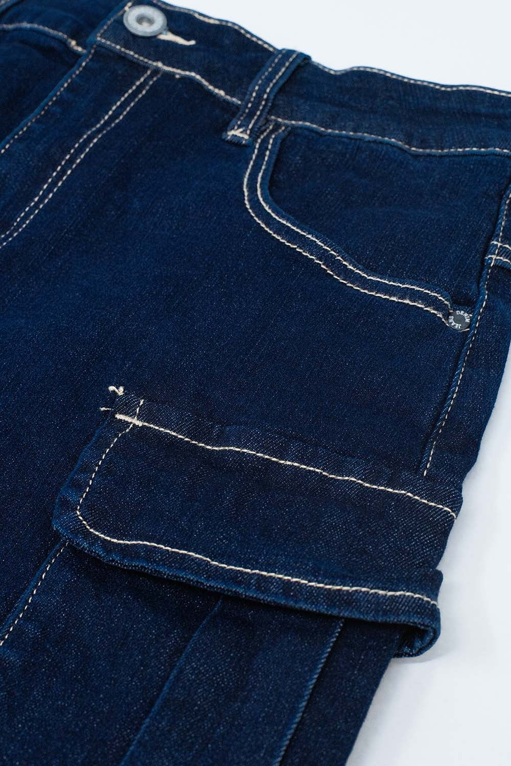 Cargo Denim Skirt in Dark Wash with Contrasting Stitching