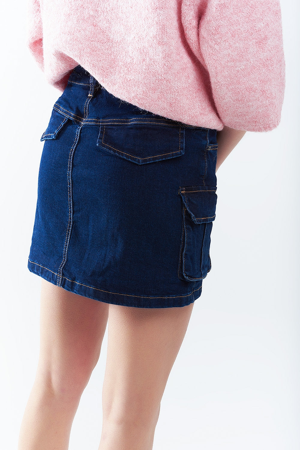 Cargo Denim Skirt in Dark Wash with Contrasting Stitching