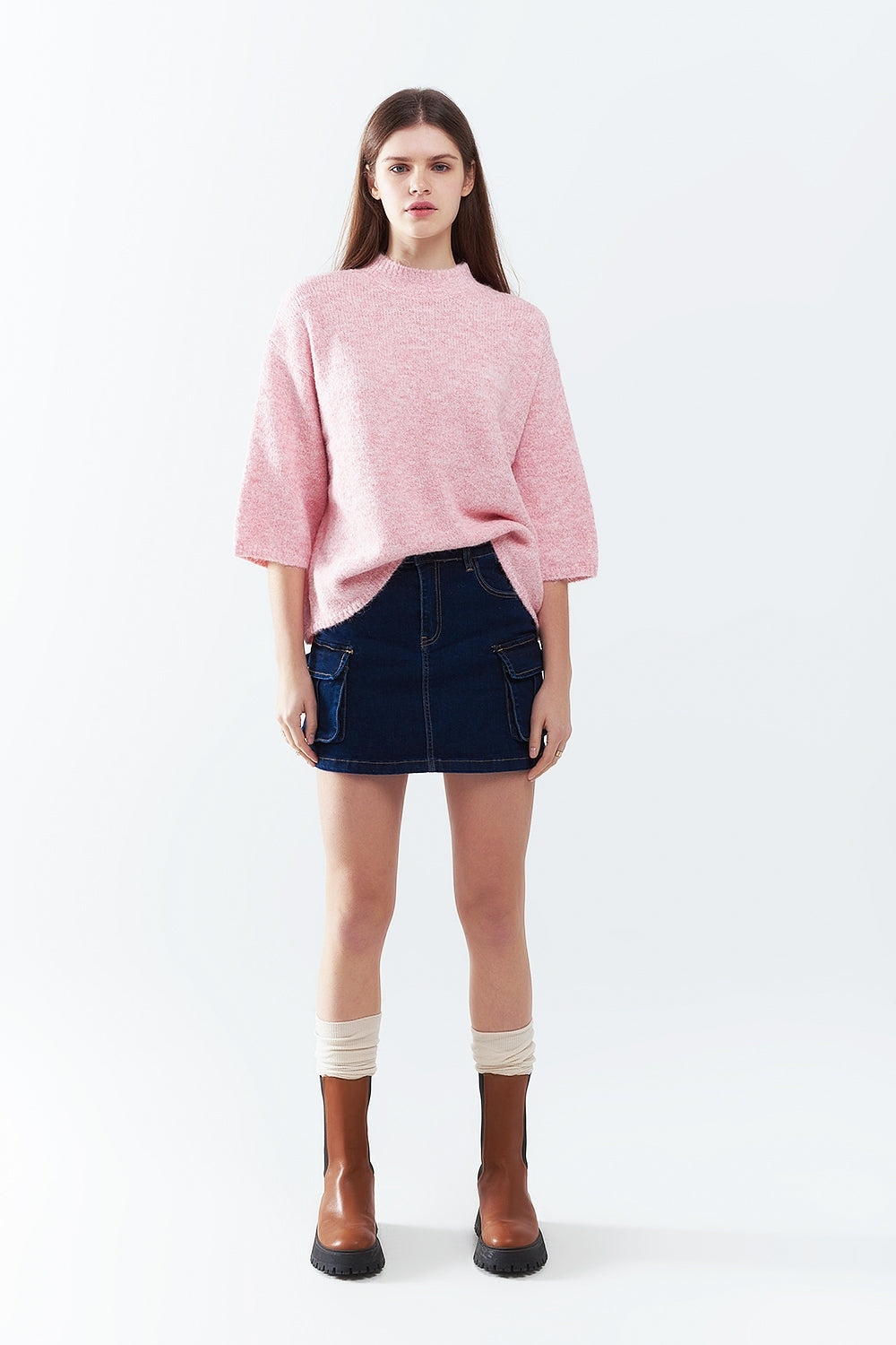 Cargo Denim Skirt in Dark Wash with Contrasting Stitching