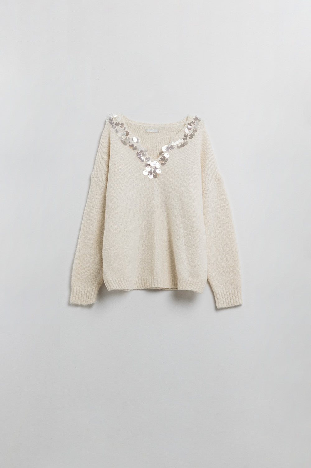 Cream V-neck Sweater with Sequin Detail