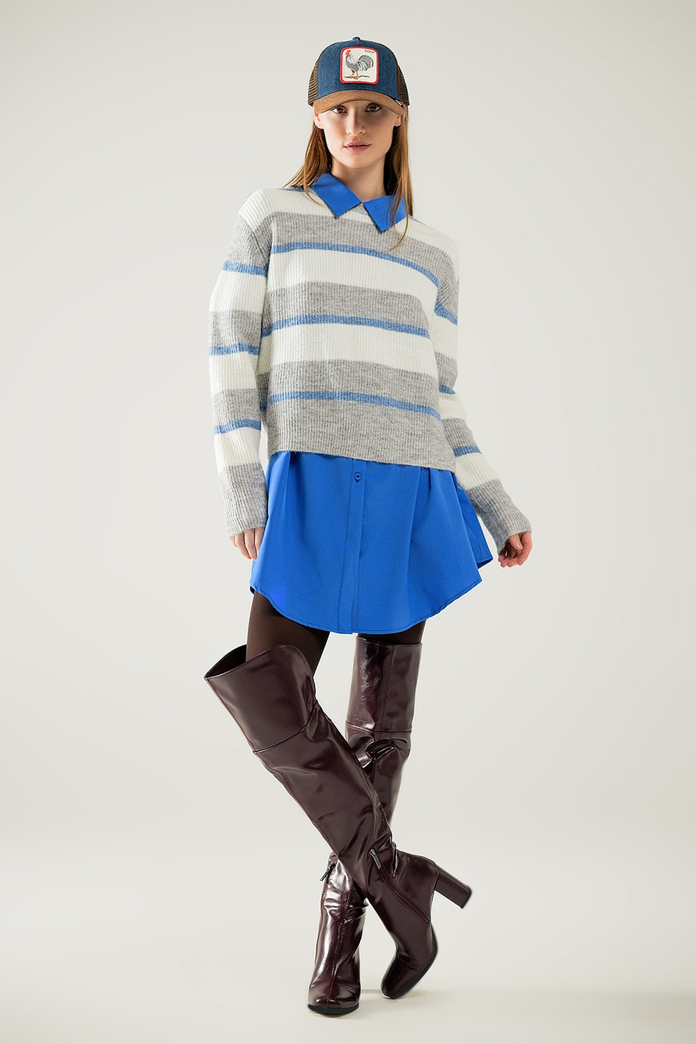 Grey Jersey with Ecru and Blue Stripes