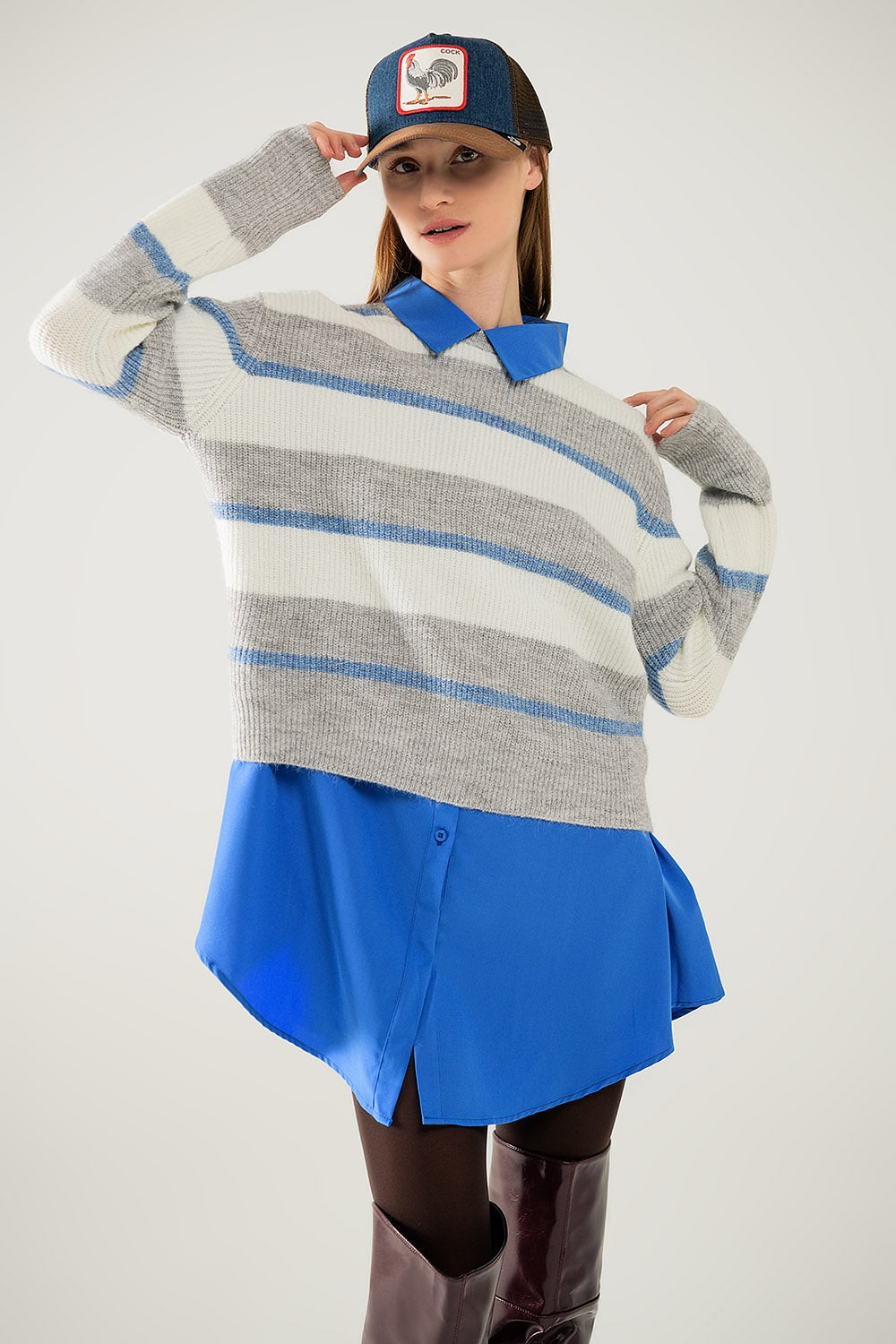 Grey Jersey with Ecru and Blue Stripes