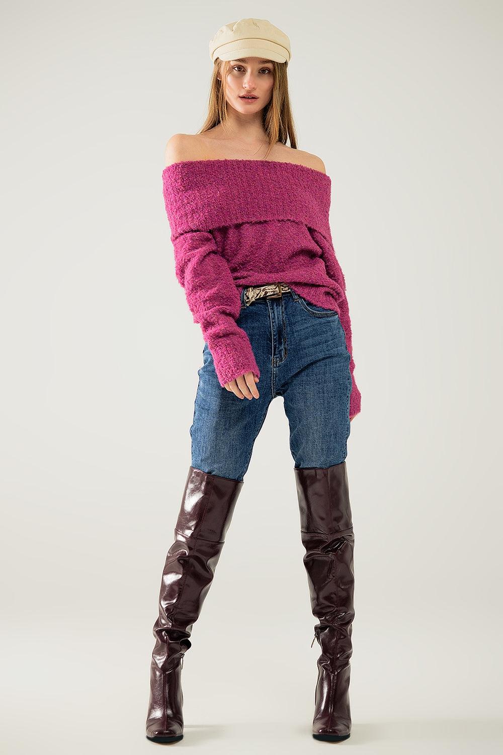 Knitted Fluffy Boat Neck Sweater in Fuchsia