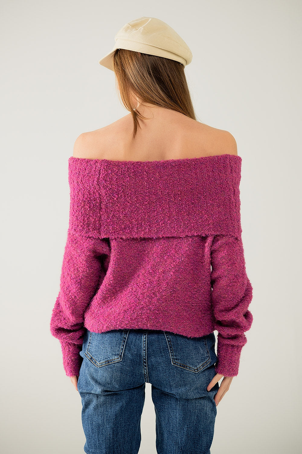 Knitted Fluffy Boat Neck Sweater in Fuchsia