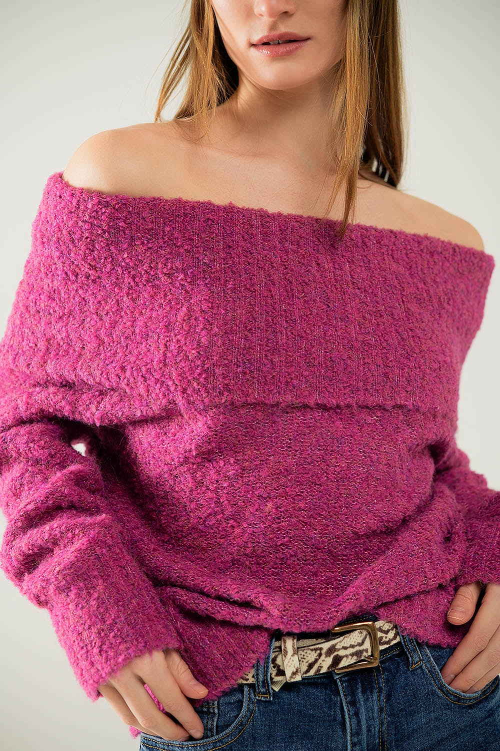 Knitted Fluffy Boat Neck Sweater in Fuchsia