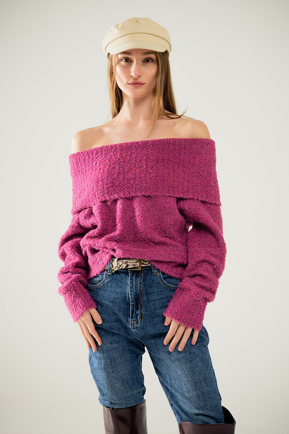 Knitted Fluffy Boat Neck Sweater in Fuchsia