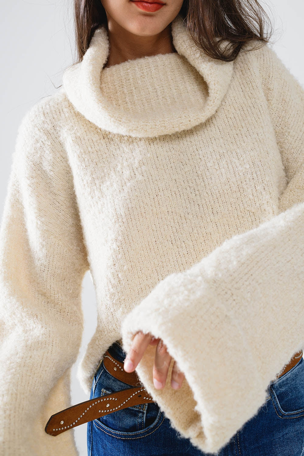 Knitted Fluffy High Neck Sweater in Beige