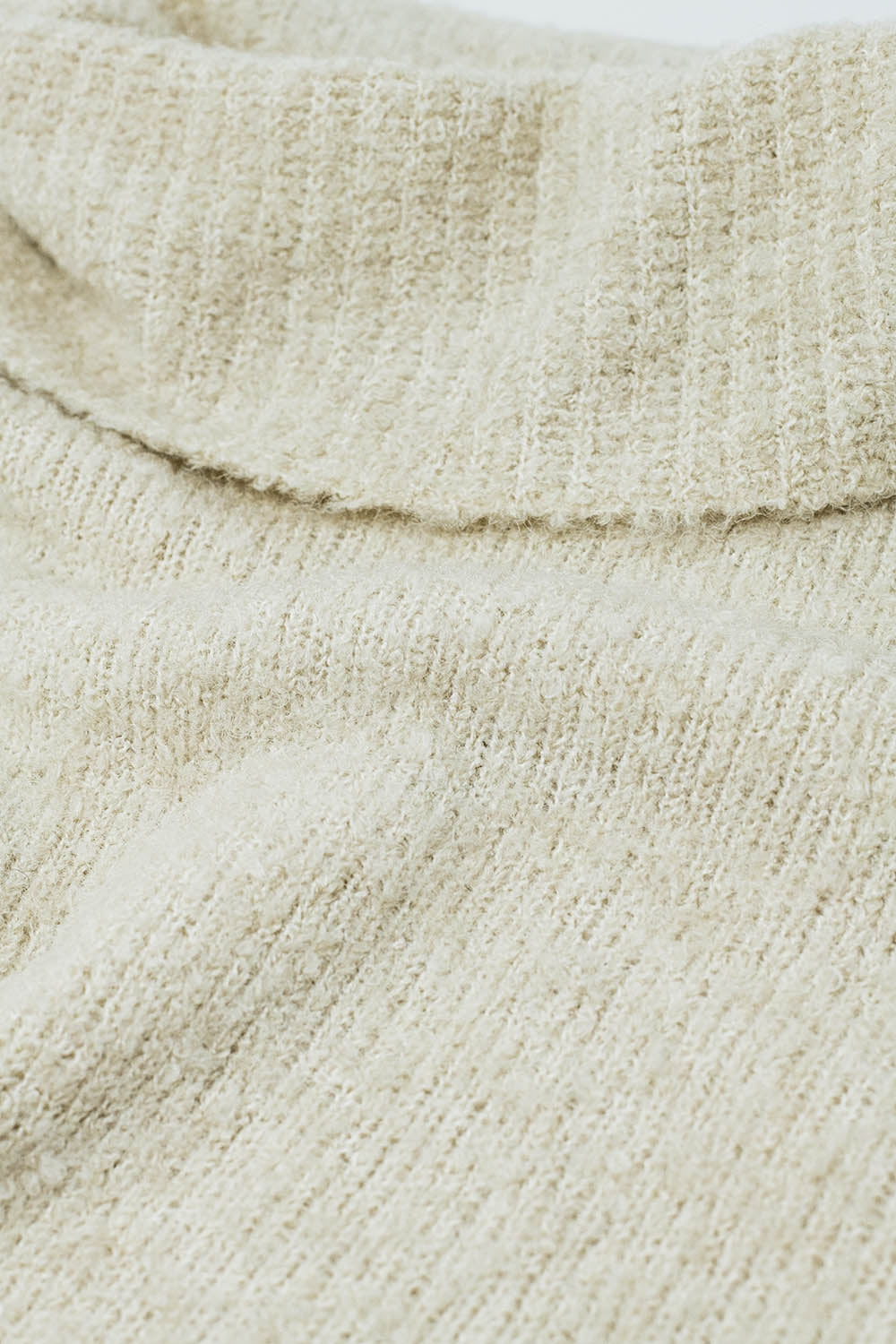 Knitted Fluffy High Neck Sweater in Beige