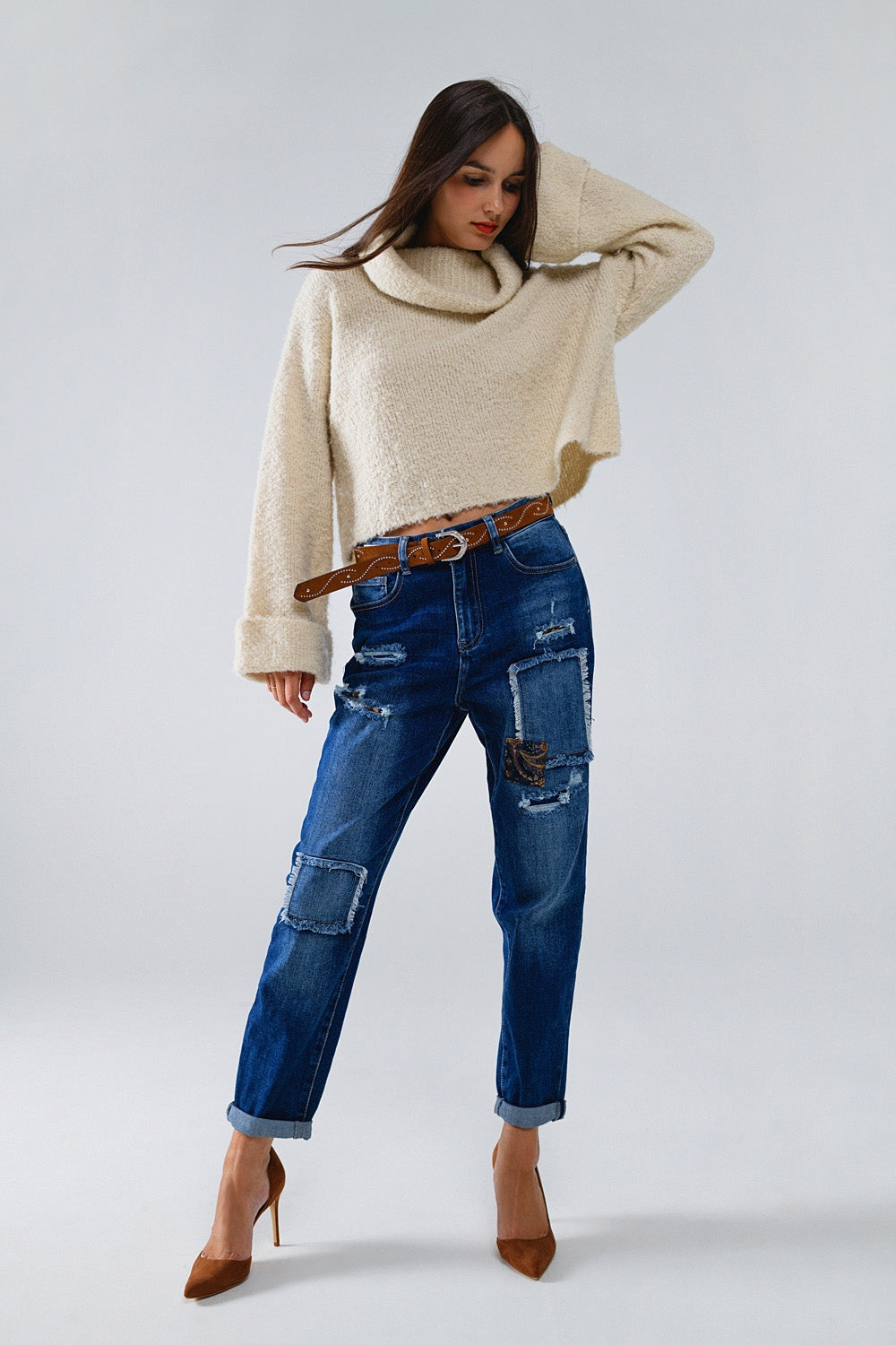 Knitted Fluffy High Neck Sweater in Beige