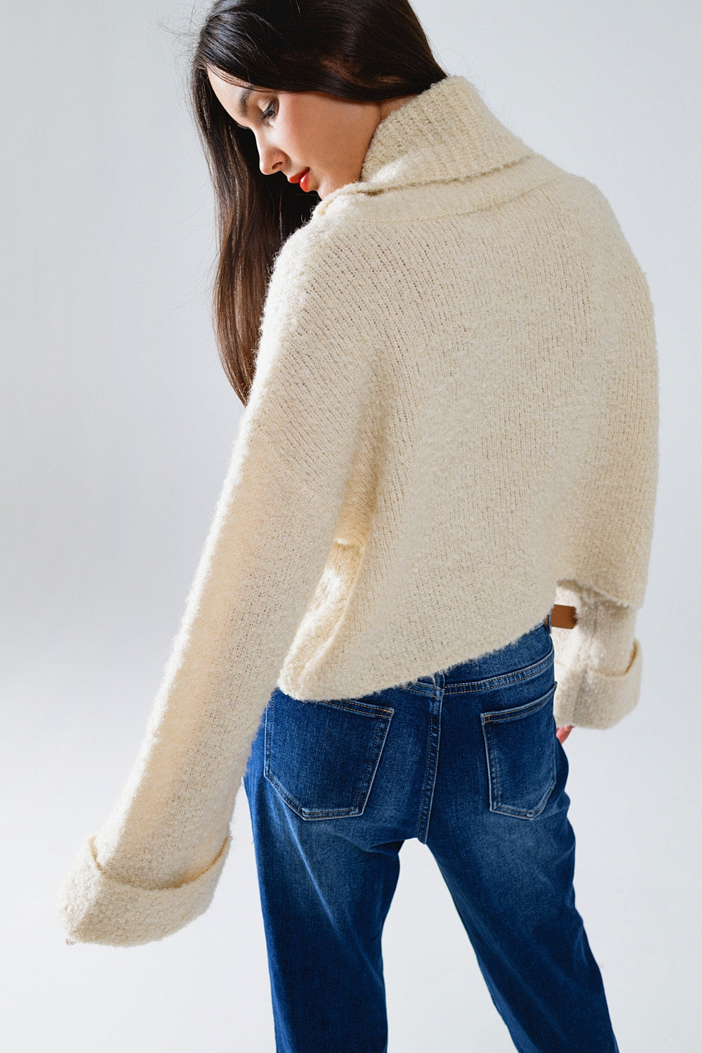 Knitted Fluffy High Neck Sweater in Beige