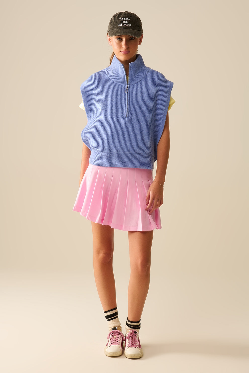 Knitted Vest with Half Zip Turtle Neck and Big Arm Holes in Blue