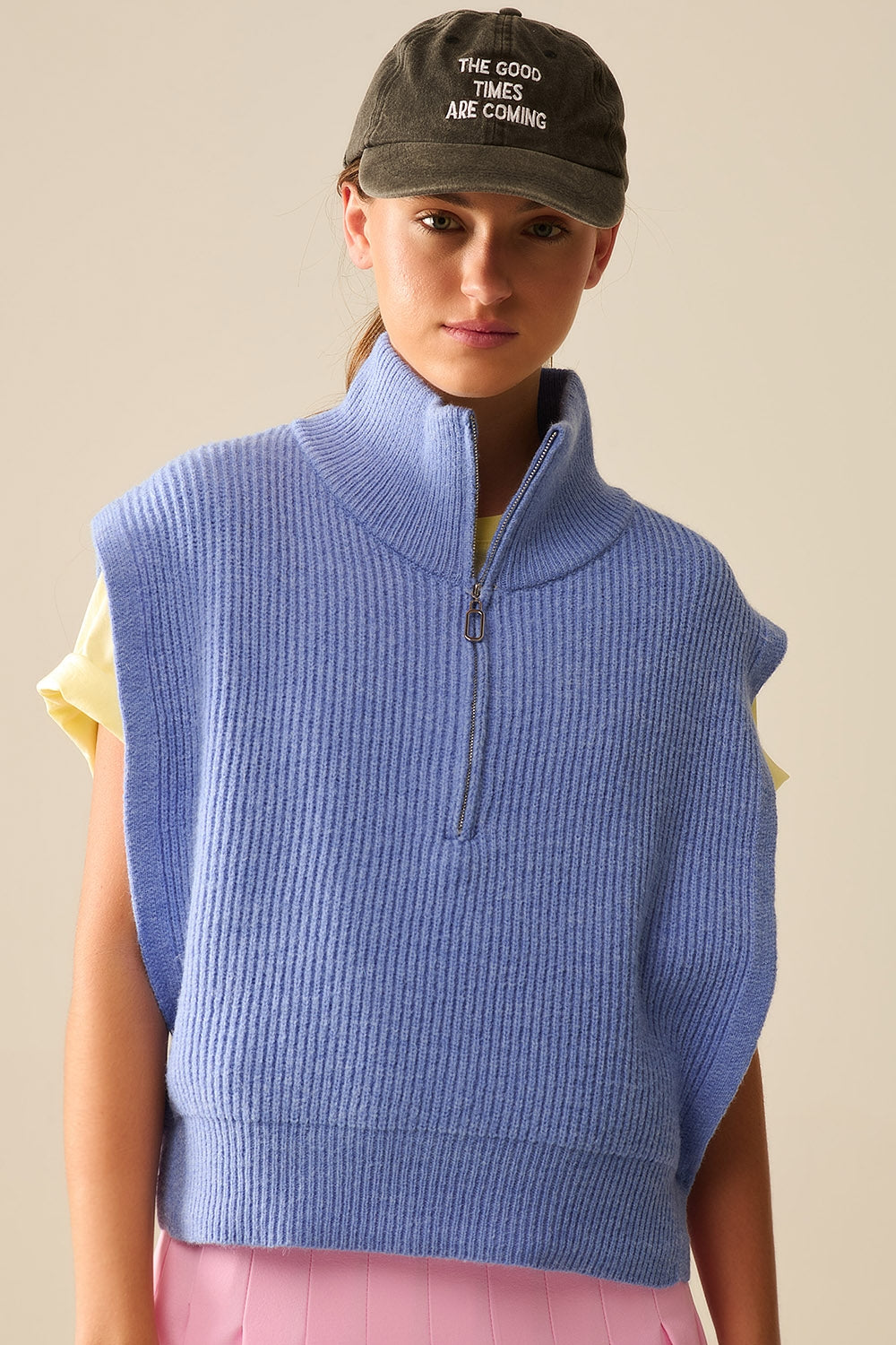 Knitted Vest with Half Zip Turtle Neck and Big Arm Holes in Blue