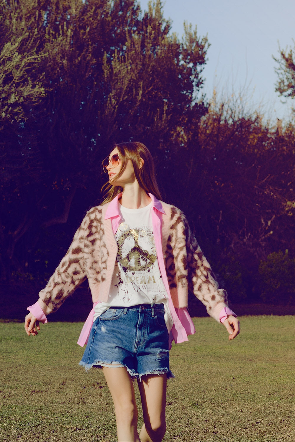 Leopard Print Cardigan with Wool in Pink