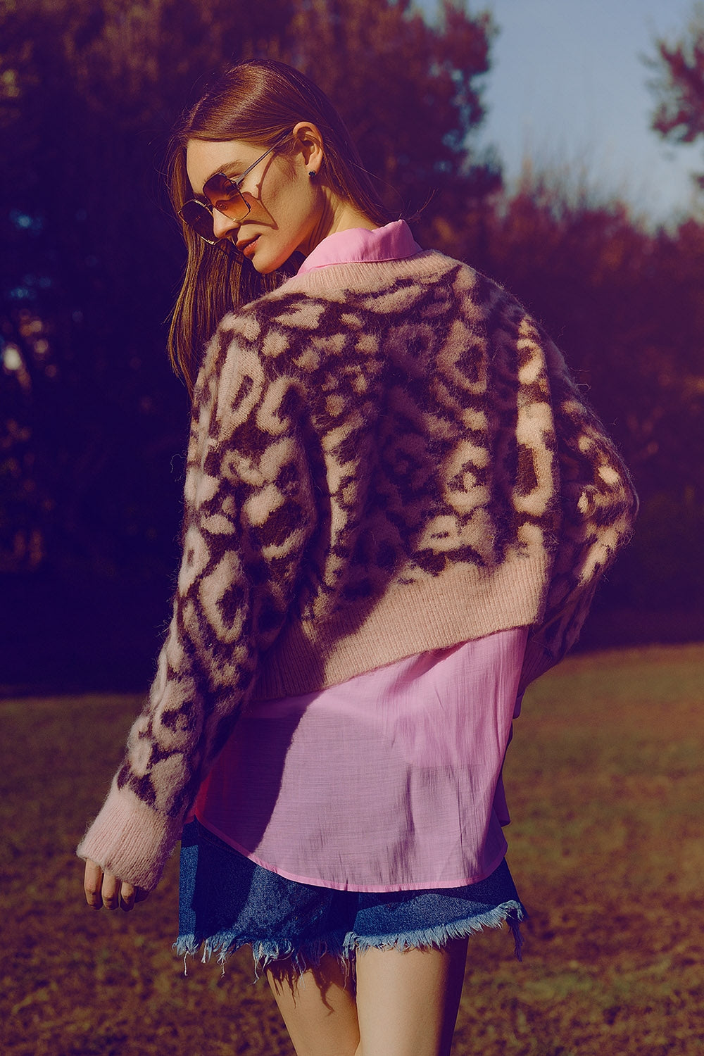 Leopard Print Cardigan with Wool in Pink