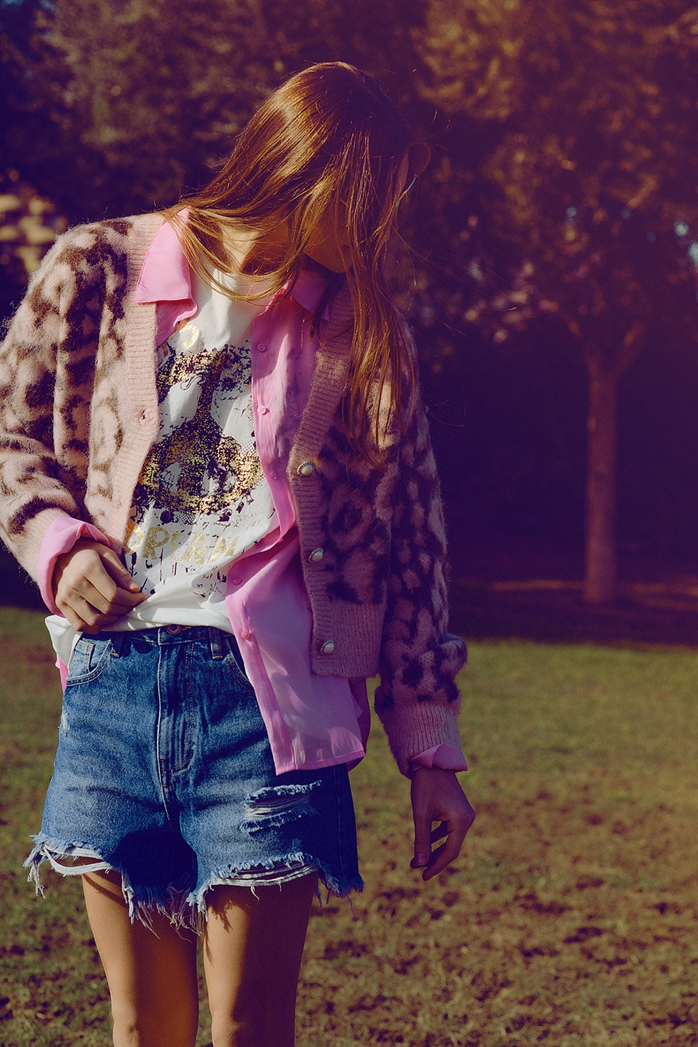 Leopard Print Cardigan with Wool in Pink