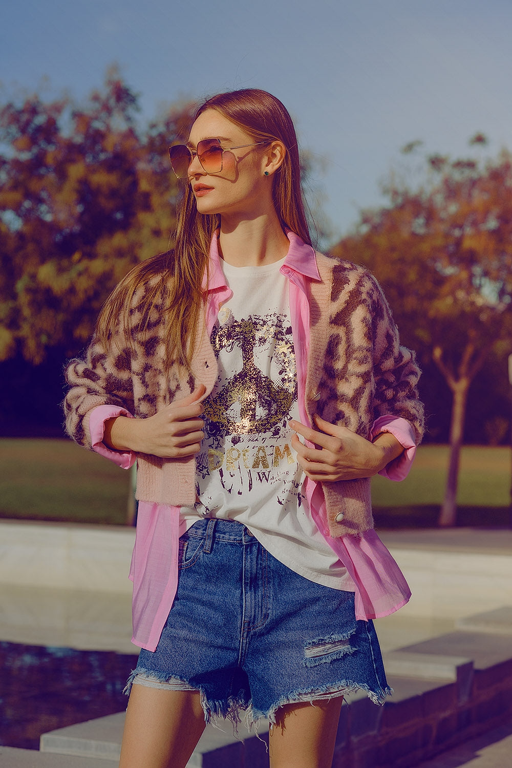 Leopard Print Cardigan with Wool in Pink