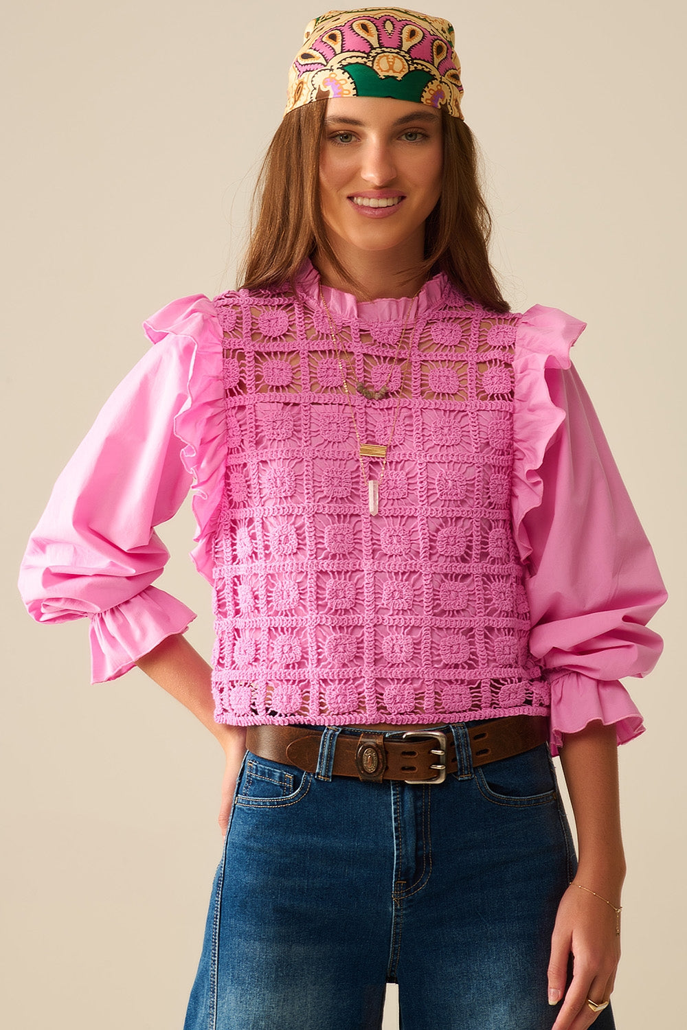 Pink Crochet Top with Ruffle Trim and Long Sleeves