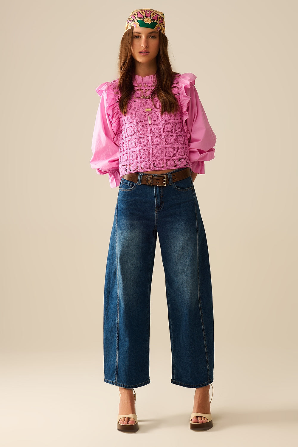 Pink Crochet Top with Ruffle Trim and Long Sleeves