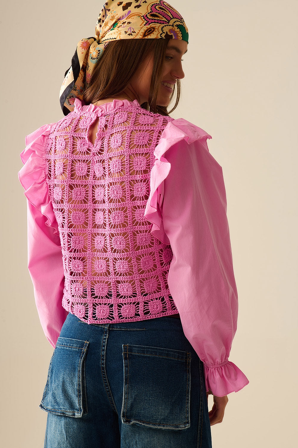 Pink Crochet Top with Ruffle Trim and Long Sleeves