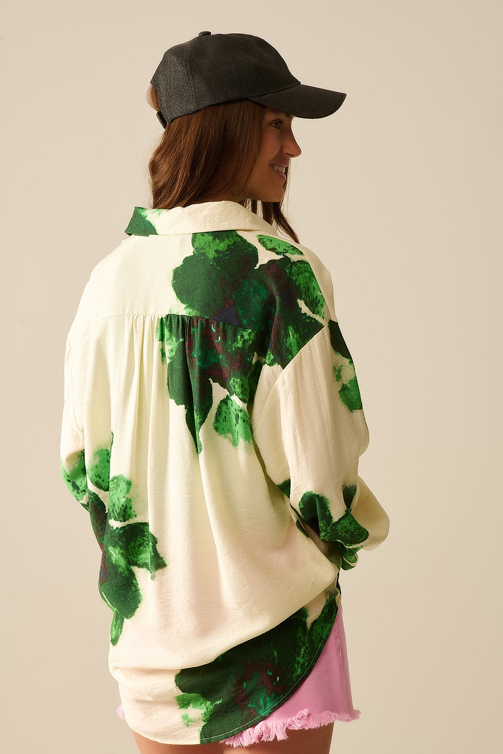 Relaxed Shirt With Big Flowers Print in Green