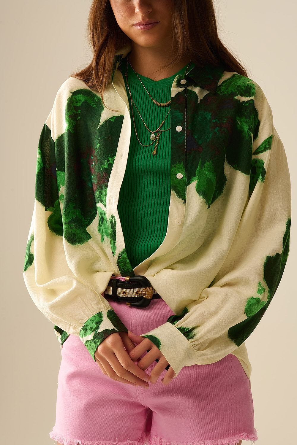 Relaxed Shirt With Big Flowers Print in Green
