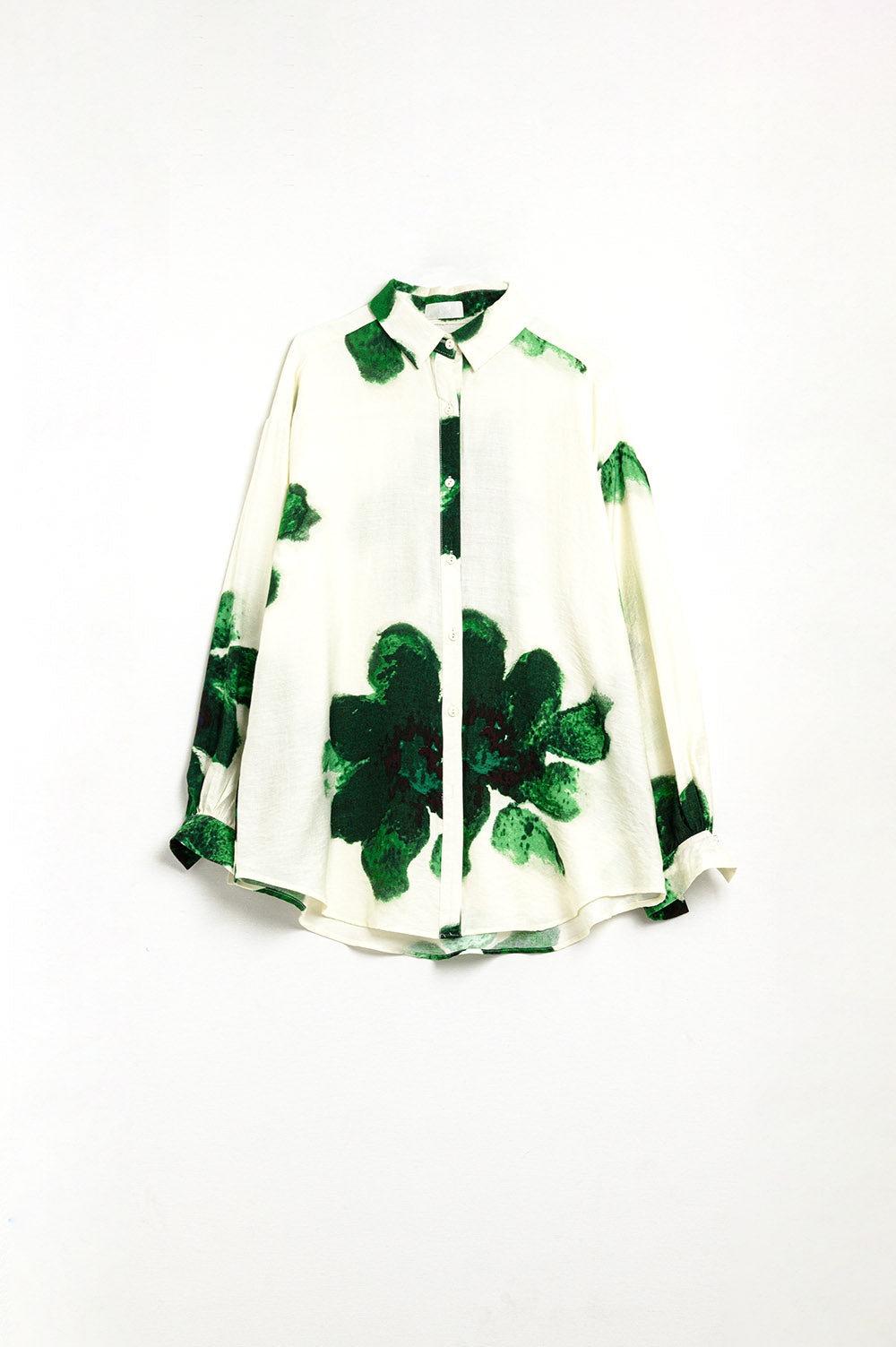 Relaxed Shirt With Big Flowers Print in Green