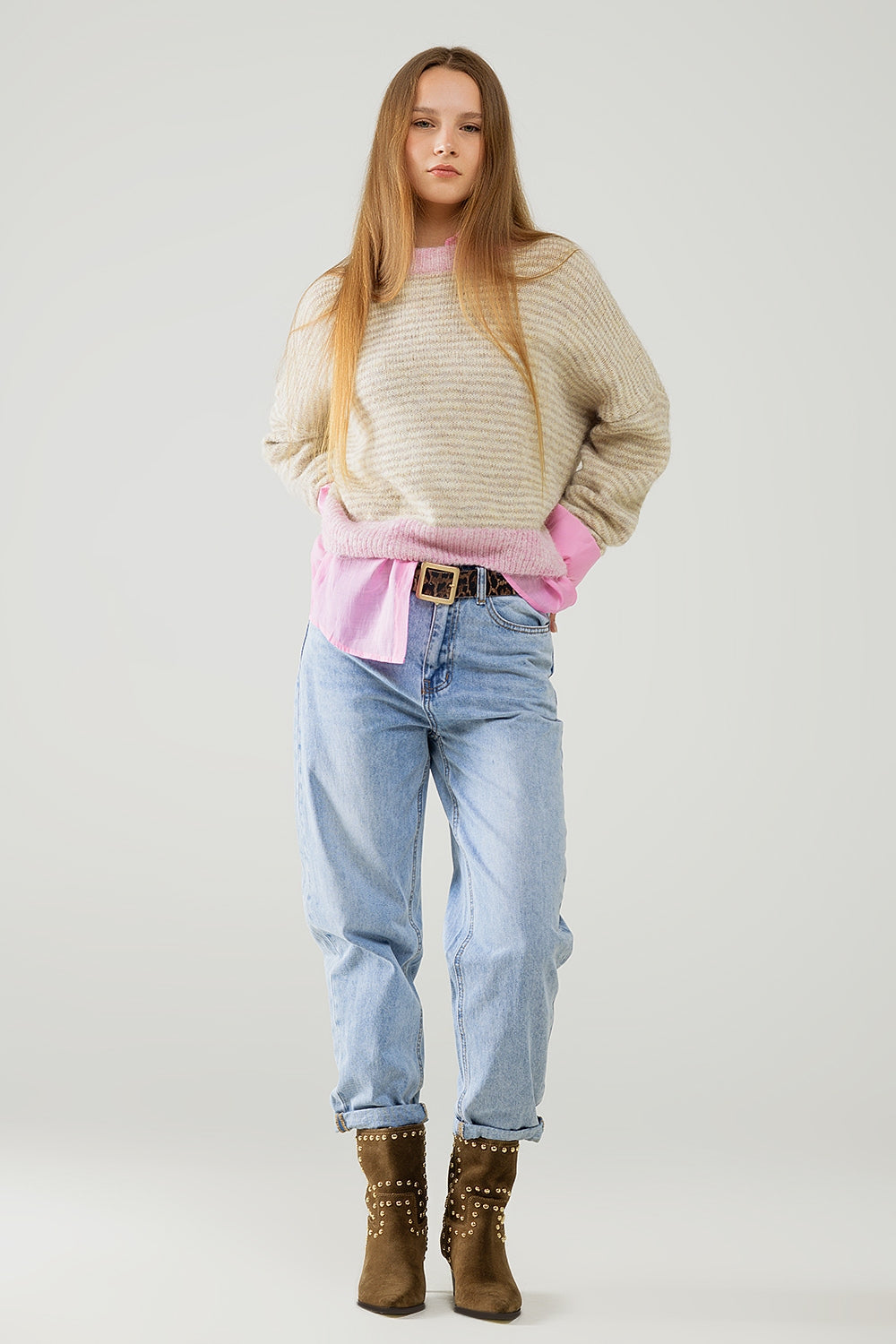 Relaxed Stripey Sweater in Beige with Pink Details