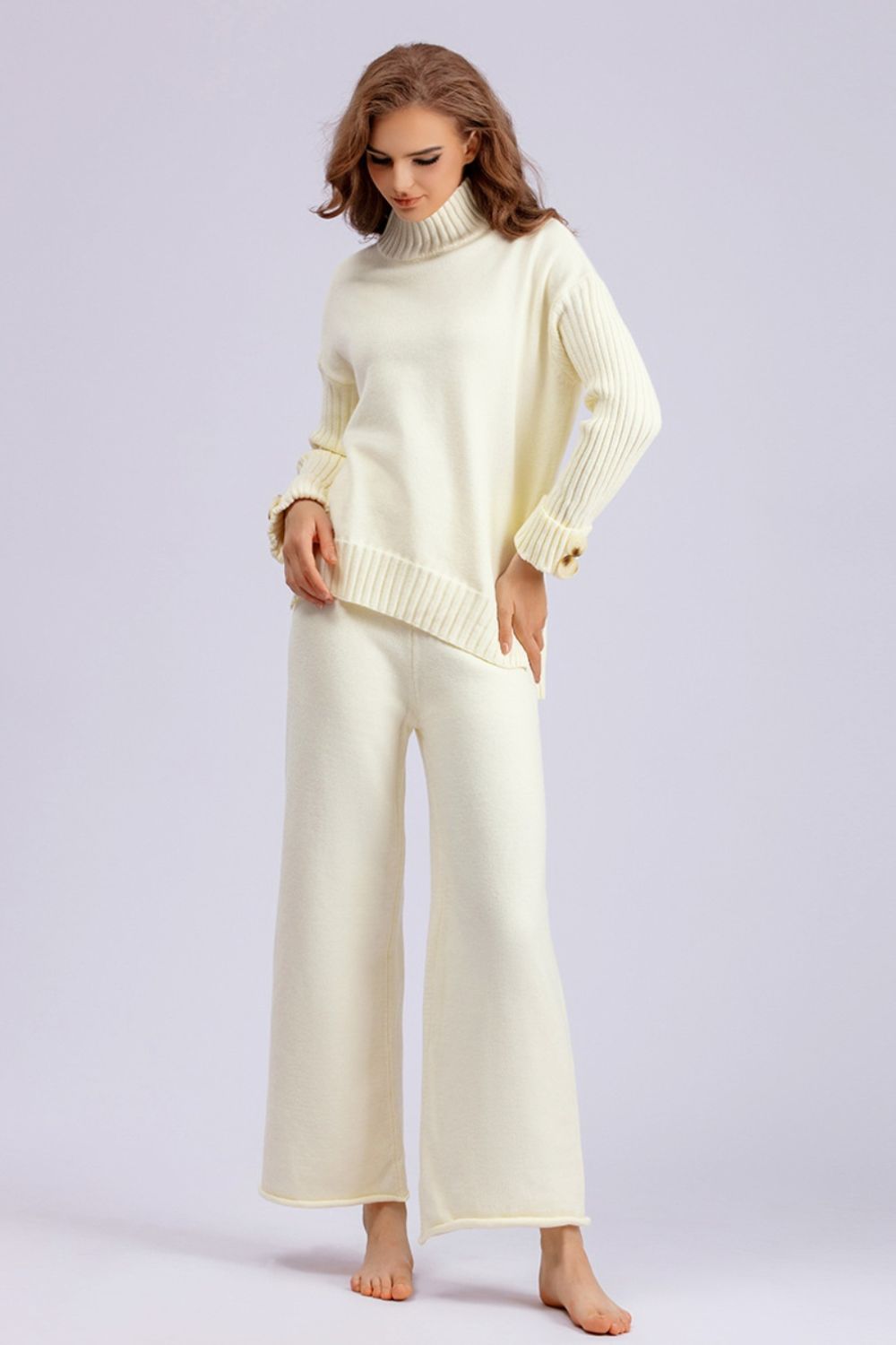 Basic Bae High-Low Turtleneck Top and Pants Sweater Set