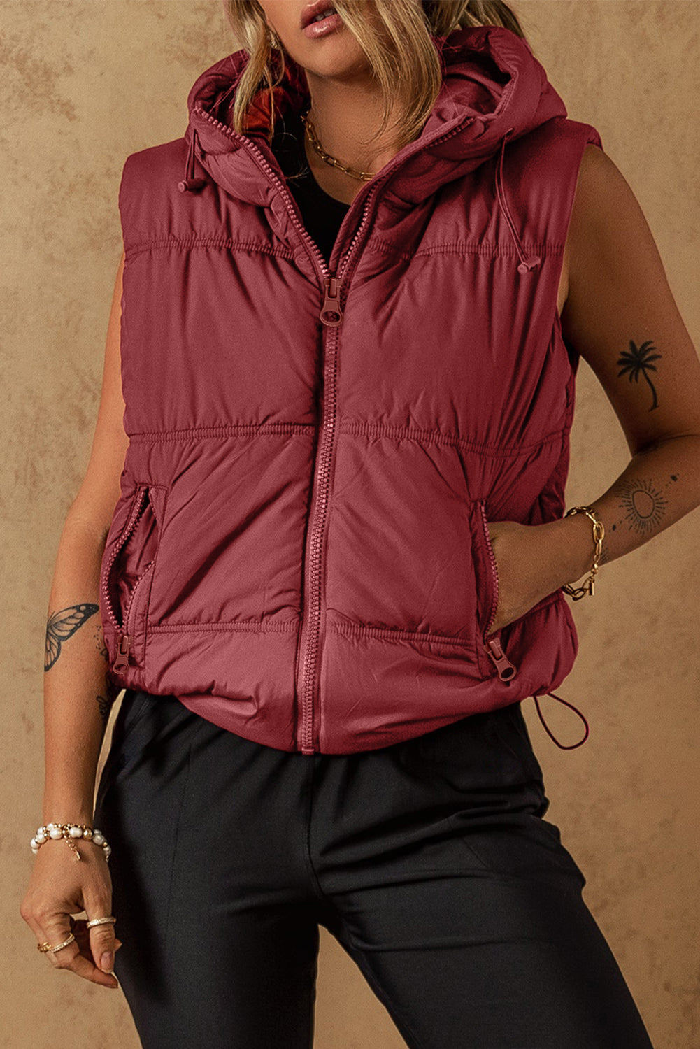 Drawstring Zip Up Hooded Vest