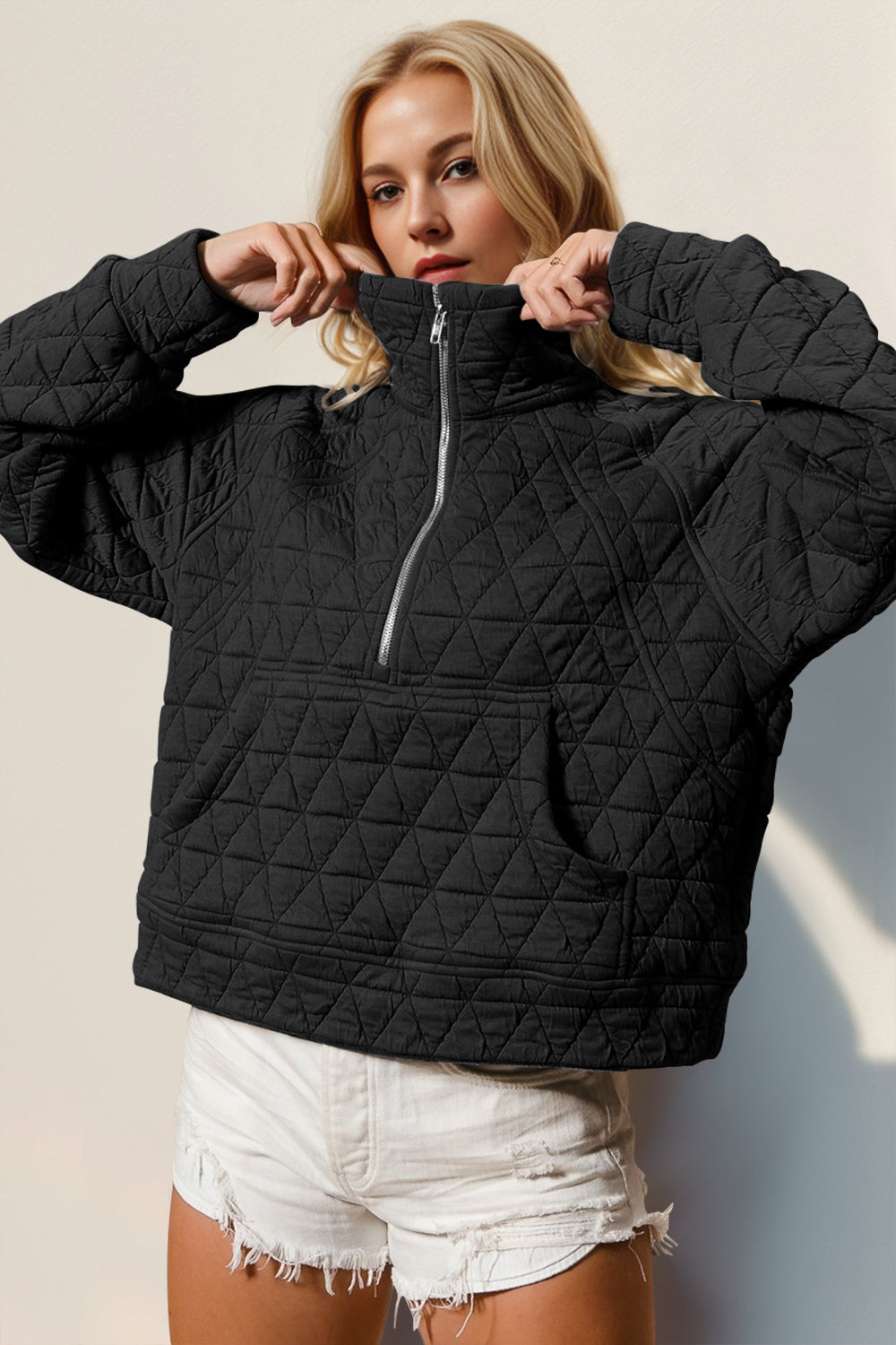 Double Take Half Zip Quilted Kangaroo Pocket Sweatshirt