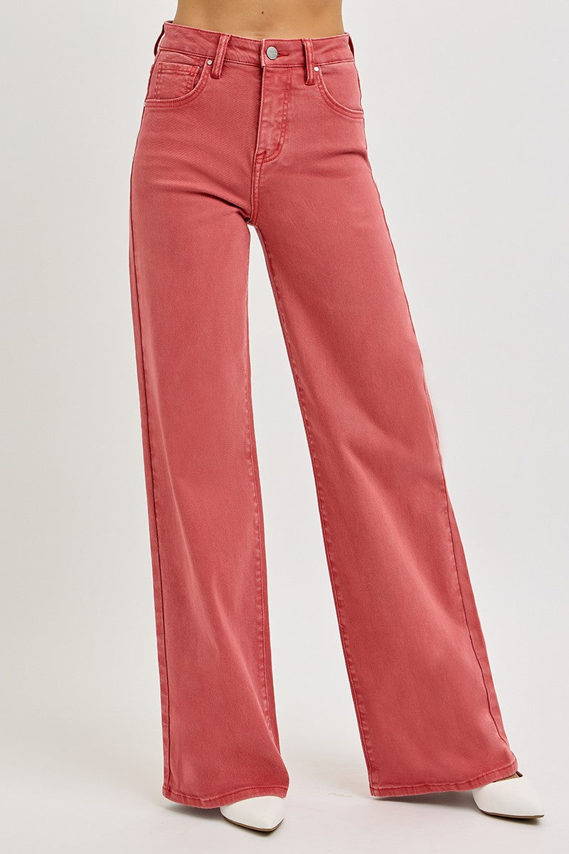 RISEN High Rise Tummy Control Wide Leg Jeans in Brick