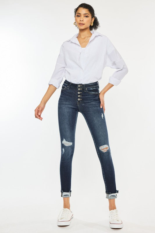 Kailey High Rise Button Down Skinny Jeans