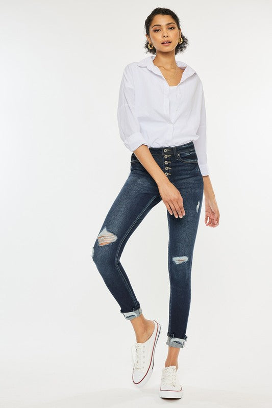 Kailey High Rise Button Down Skinny Jeans