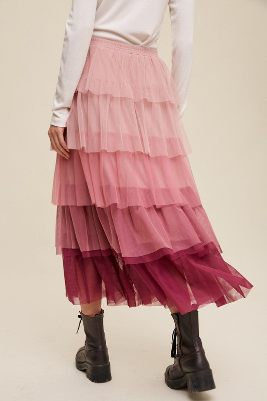 Elena Gradient Tiered Mesh Maxi Skirt