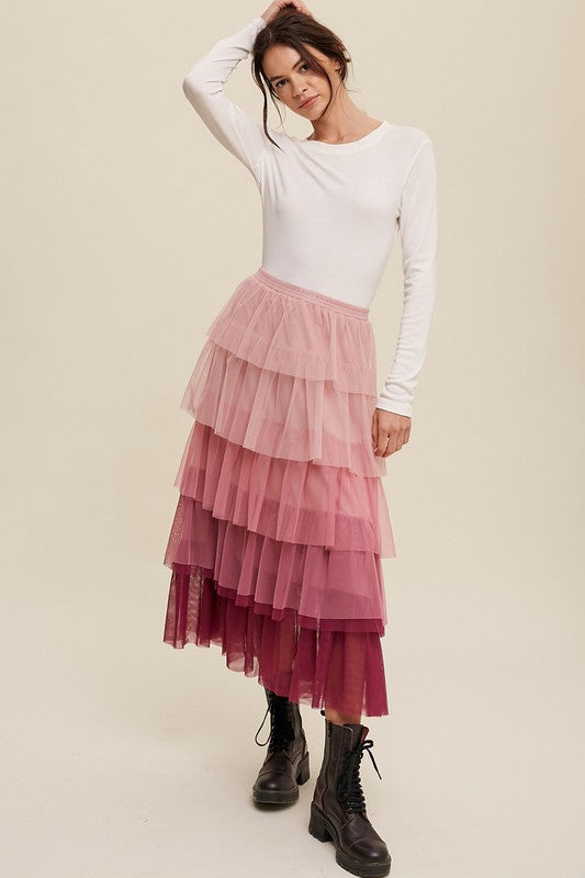 Elena Gradient Tiered Mesh Maxi Skirt