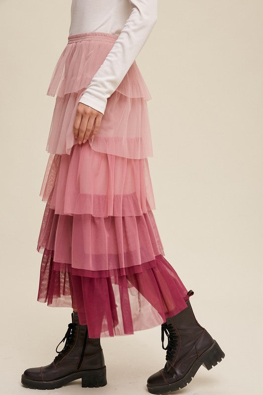 Elena Gradient Tiered Mesh Maxi Skirt