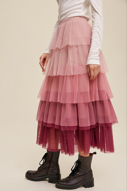 Elena Gradient Tiered Mesh Maxi Skirt