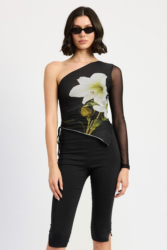 One Sleeve Asymmetrical Flower Top