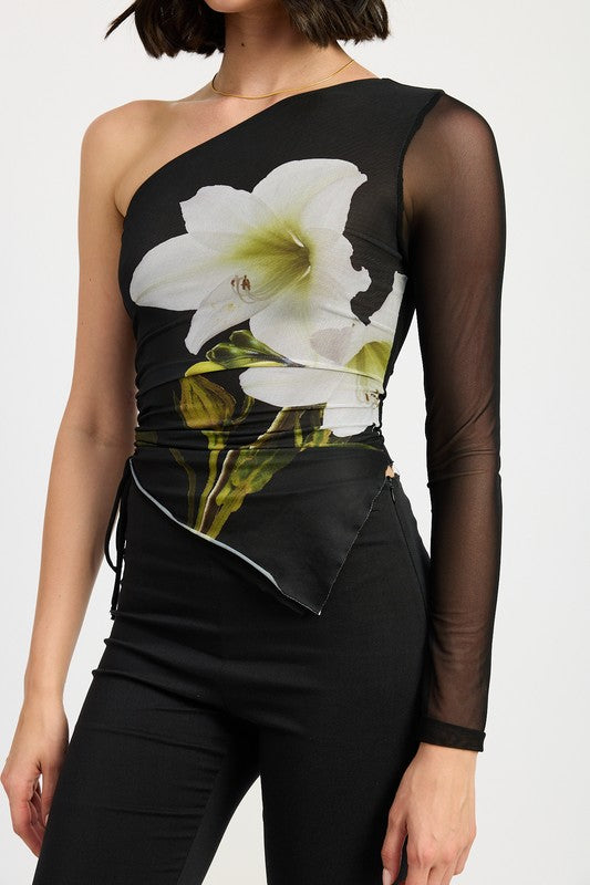 One Sleeve Asymmetrical Flower Top