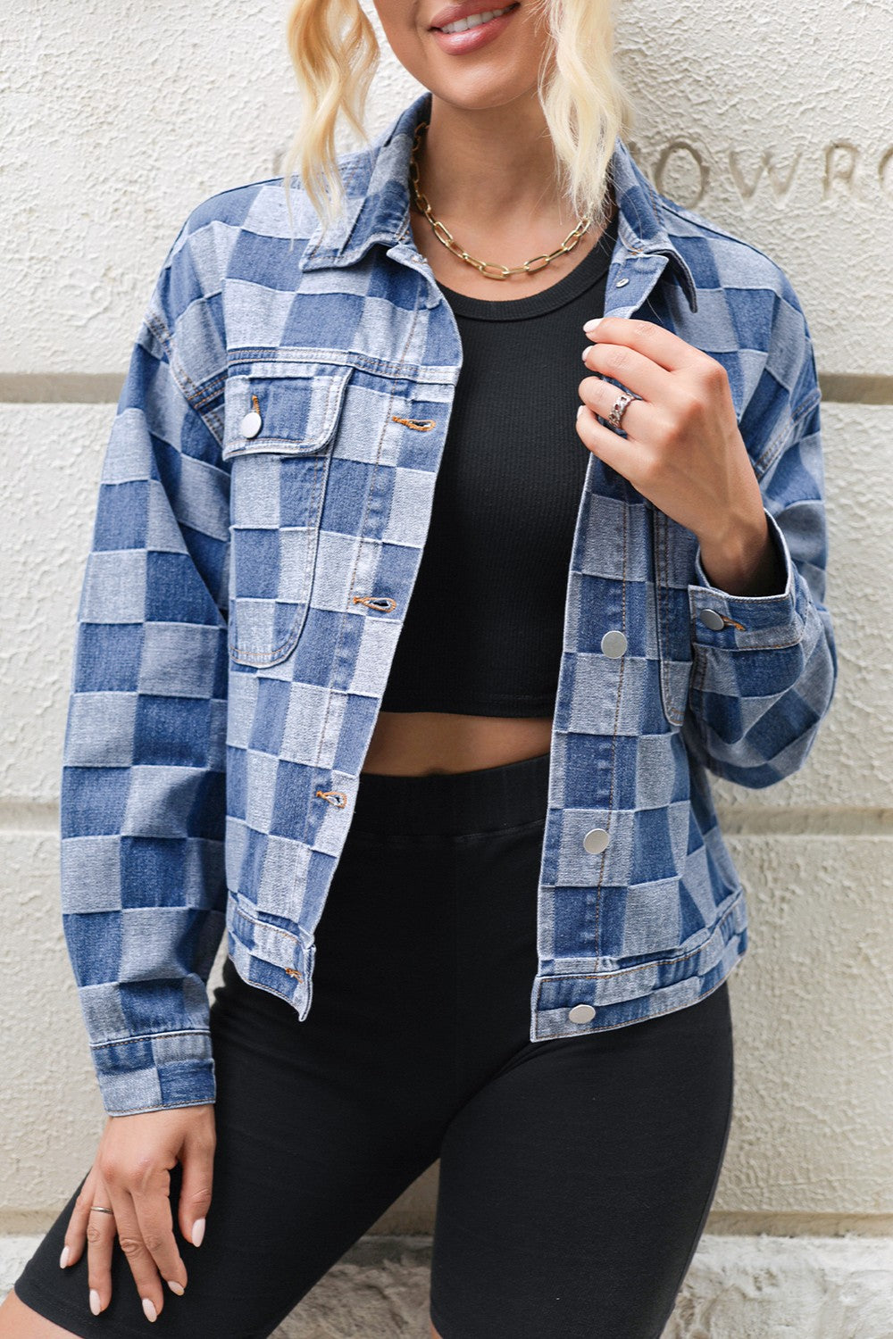 Checkered Button Up Denim Jacket