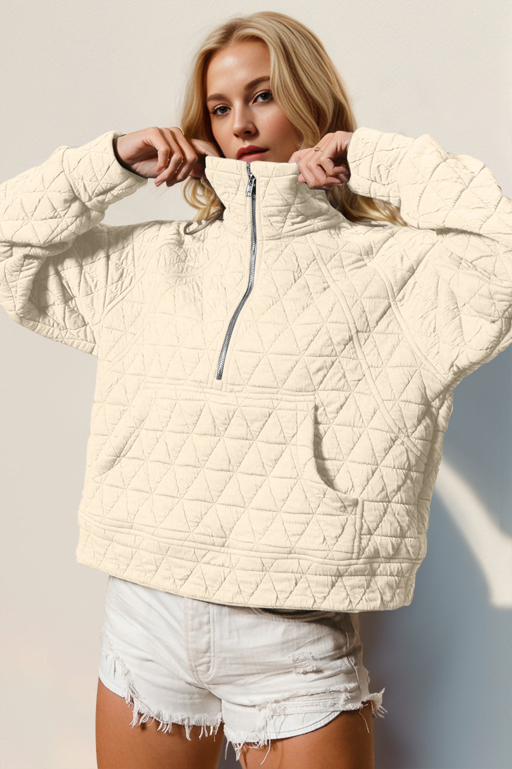 Double Take Half Zip Quilted Kangaroo Pocket Sweatshirt