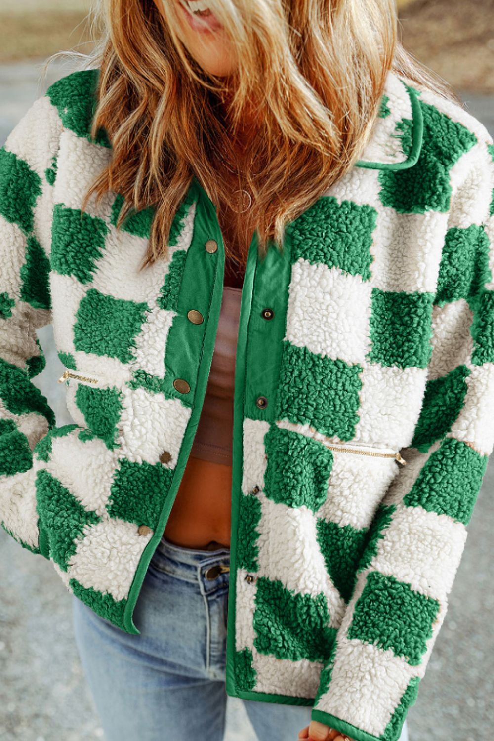 Green Checkered Snap Down Jacket