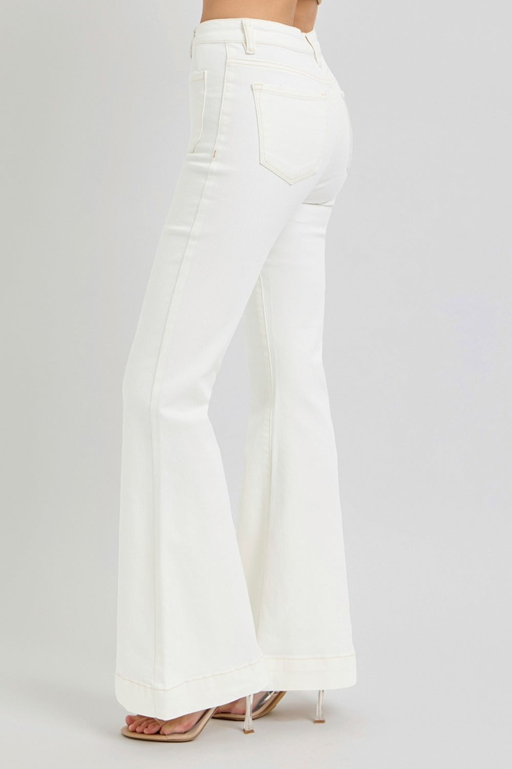 RISEN High Rise Front White Patch Pocket Flare Jeans