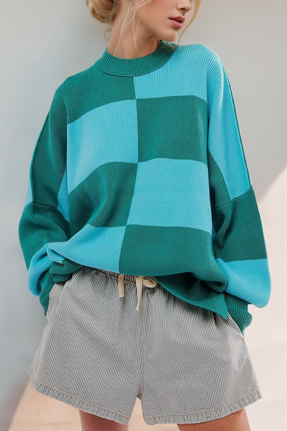 Double Take Color Block Mock Neck Batwing Sweater