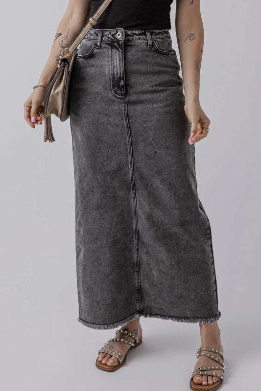 Raw Hem Midi Denim Skirt