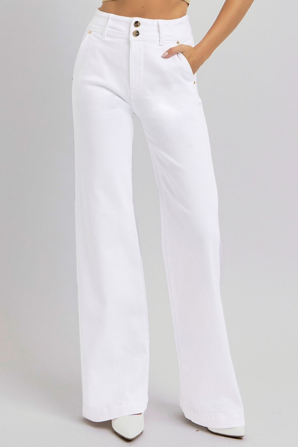 RISEN Tummy Control White Wide Leg Jeans