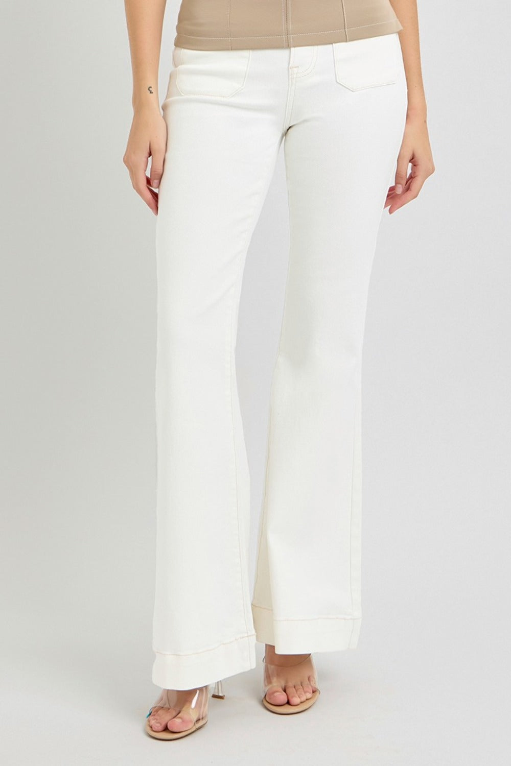 RISEN High Rise Front White Patch Pocket Flare Jeans