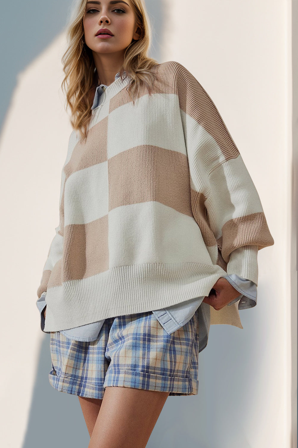 Double Take Color Block Mock Neck Batwing Sweater