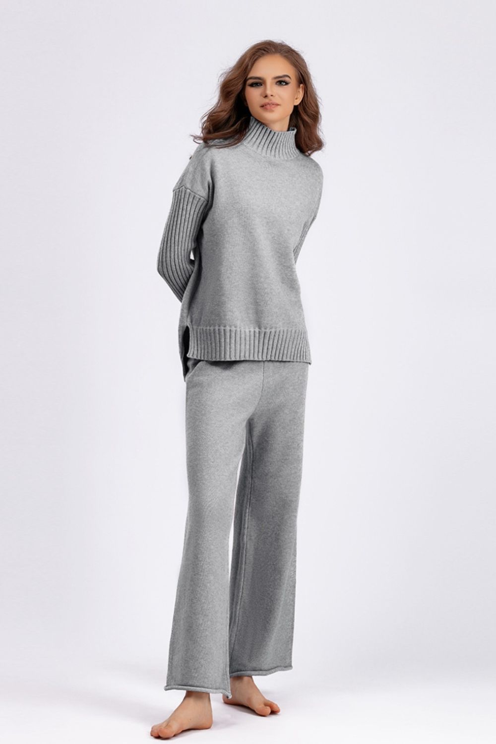 Basic Bae High-Low Turtleneck Top and Pants Sweater Set